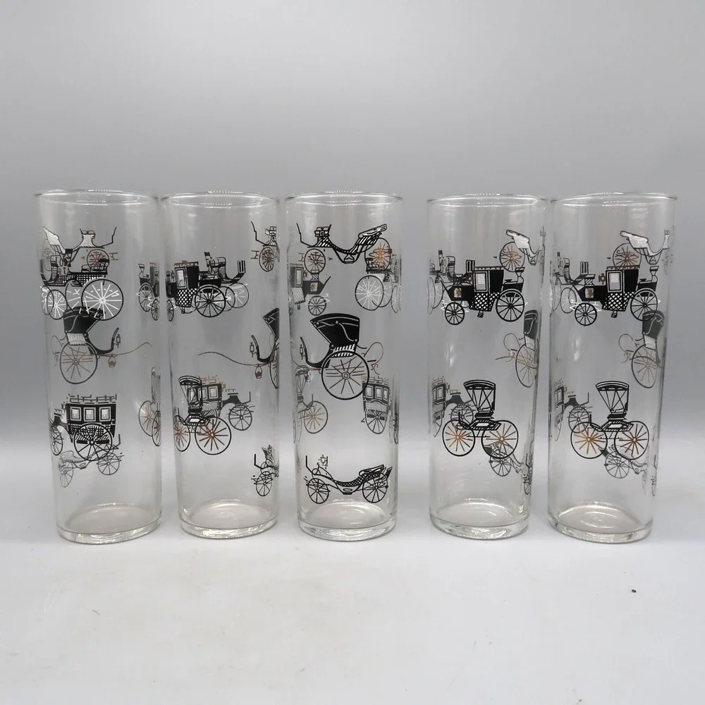 5 Vintage Libbey Black‎ Gold Carriage Drinking Glasses Highball Bar Tom Collins